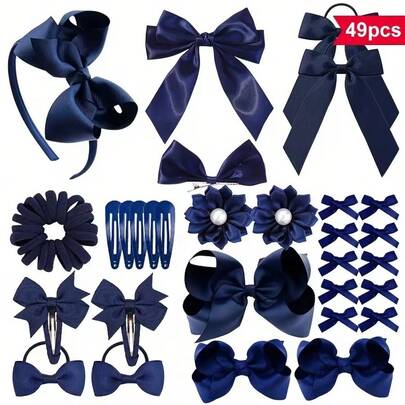 bilicaca Juego de 49 piezas de accesorios para el cabello en azul marino - Diadema hecha a mano, pasadores para el cabello, ligas para el cabello, sujetadores de cola de caballo, decoración para el cabello de vuelta a la escuela, uso diario básico, estilo universitario