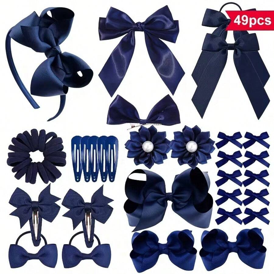 bilicaca 49pcs Navy Blue Hair Accessories Set, Handmade Headband, Hair Clips, Hair Ties, Ponytail Hair Bands Combination, Back To School Hair Accessories - Navy Blue - View 1