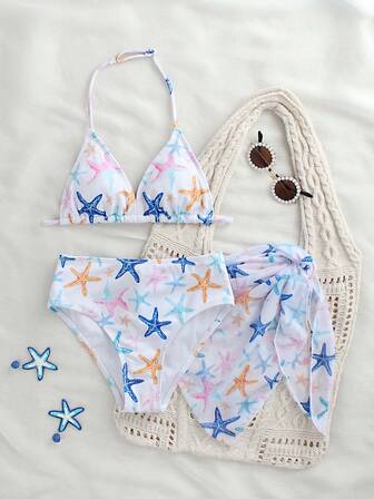 少女三件套比基尼，海星印花，三角网纱裙，休闲时尚泳装
