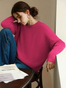 Knit Mix 优雅女士针织法式通勤毛衣，休闲宽松长袖圆领套头衫，适合秋冬季节、圣诞节、感恩节、新年、情人节等节日穿着，也是返校季和秋季的理想之选。 - 樹莓紅色 - 查看 3