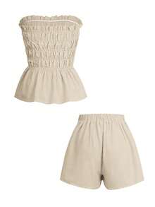 Vaiaye 女士夏威夷波西米亚热带海滩度假两件套——单肩条纹荷叶边简约日常抹胸上衣和短裤，非常适合约会、下午茶、假期、音乐节和圣诞节。