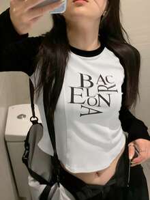 Camiseta casual de bloques de color con patchwork y estampado de letras para primavera/otoño - Blanco y Negro - Ver 3
