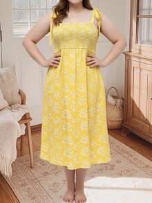 Women's Plus Size Floral Dress Summer Fashionable Smocked Sleeveless Ruffle Hem Long Dress - Yellow - View 4