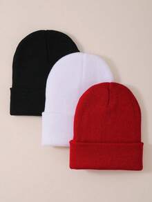 3pcs Simple Solid Color Fashionable Beanie Hats, Unisex For Boys And Girls, Warm Winter Accessory, Suitable For Daily Life, Layering, Can Be Christmas Or New Year Gift - Multicolor - View 6