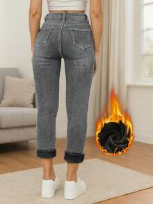 冬季保暖内衬紧身洗水牛仔裤 - 淺灰色 - 查看 2