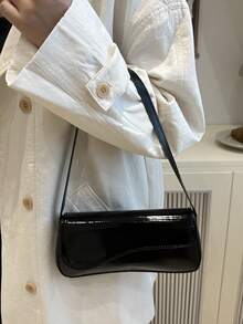 时尚纯色亮面不对称腋下单肩包，百搭优雅简约翻盖手提包，适合购物、收纳钱包，适合年轻女性、大学生、职场新人、上班族女性。也适合办公室、大学、工作、商务、通勤、户外活动、旅行和户外郊游等场合。 - 黑色 - 查看 4