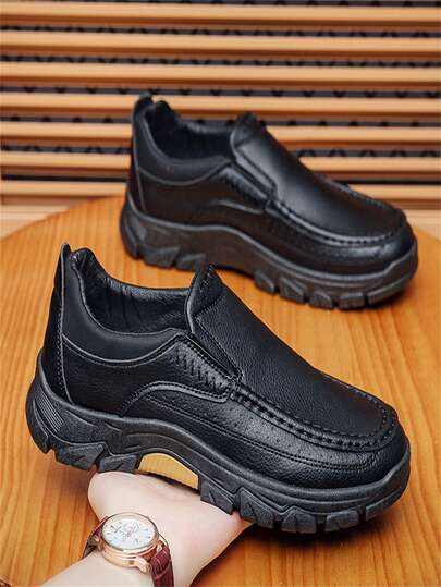 Men's Comfortable Leather Casual Shoes With Stitching Decor, Round Toe Low-Top Slip-On, Thick Sole Flat Heel, Casual Style For Daily Commute, All Black