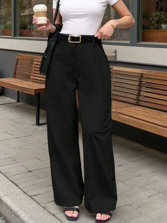 High-Waisted Belted Wide Leg Pants, Perfect For Leisure,Ladies Spring/Fall Casual Button,Pocket,Zipper Natural Straight Leg,Wide Leg Long Black Loose Women Pants,Casual Daily Wear