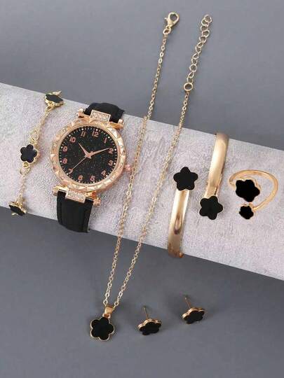 7pcs/Set Black Starry Sky Numeral Quartz Watch And 6pcs Lucky Flower Necklace Bracelet Ring Earring Accessory Set, Mother's Day, Valentine's Day, Easter Gift
