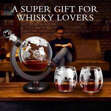 Whiskey Decanter Sets For Men, Whiskey Decanter Globe Set With 2 Etched Globe Whisky Glasses For Liquor, Bourbon, Cocktails, Vodka, Scotch Liquor Decanter Sets - 850ml - 紅木色 - 查看 2