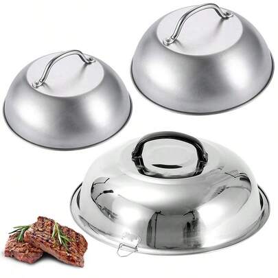 Universallock till grytpanna, runt stekpannalock, värmetålig knopp, synligt woklock, köksredskapstillbehör, köksredskap. Runt lock till hamburgare i rostfritt stål, vit, non-stick, lämplig för platta grillar och barbecue. Lock till grytpanna i rostfritt stål, mångsidigt lock till kokkärl, lämplig för grillning och utomhusgrill. Design, värmetåligt handtag. Lock till stekpanna i rostfritt stål med ostsmältningsmotiv - kommersiellt sås- och ångkokarlock, perfekt för platta grillar. Lätt att använda och rengöra.