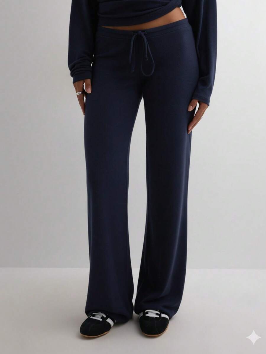 Women's Casual Black Wide Leg Fabric Pants With Drawstring Detail Long Medium Stretch - Navy Blue - View 1