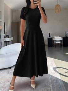 PoPoHouse 女士优雅长款连衣裙，短袖圆领，适合派对、通勤、度假等场合，黑色夏季款 - 黑色 - 查看 6