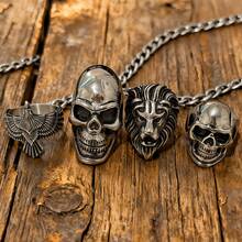 1pc Stainless Steel Skull, Eagle, Lion Head Punk Gothic Style Waterproof Fade-Resistant Ring, Suitable For Daily Wear, Music Festival, Theme Party - Silver - View 10