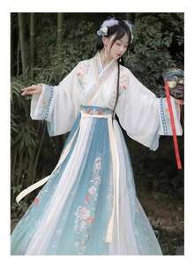 2025 オリジナル本物の魏晋漢服婦人服中国風クロスネック腰丈ルースカートスーツ日常古代衣装ドレス赤、スカイブルー、ライトグリーンオプションの春と秋の漢要素衣装 - レッド - チェックする 7