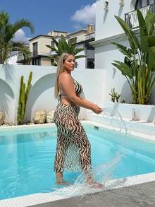 大码挂脖比基尼套装，斑马纹半身裙，优雅中等弹力泳衣，适合度假海滩夏季穿着 - 彩色 - 查看 6