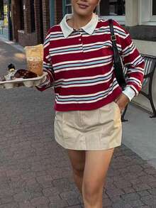 Áo thun polo dệt kim sọc khối màu dài tay thường ngày dành cho nữ, thiết kế có cổ, phù hợp mặc hàng ngày, đi làm, trở lại trường, thu/đông - Nhiều màu - Xem 1