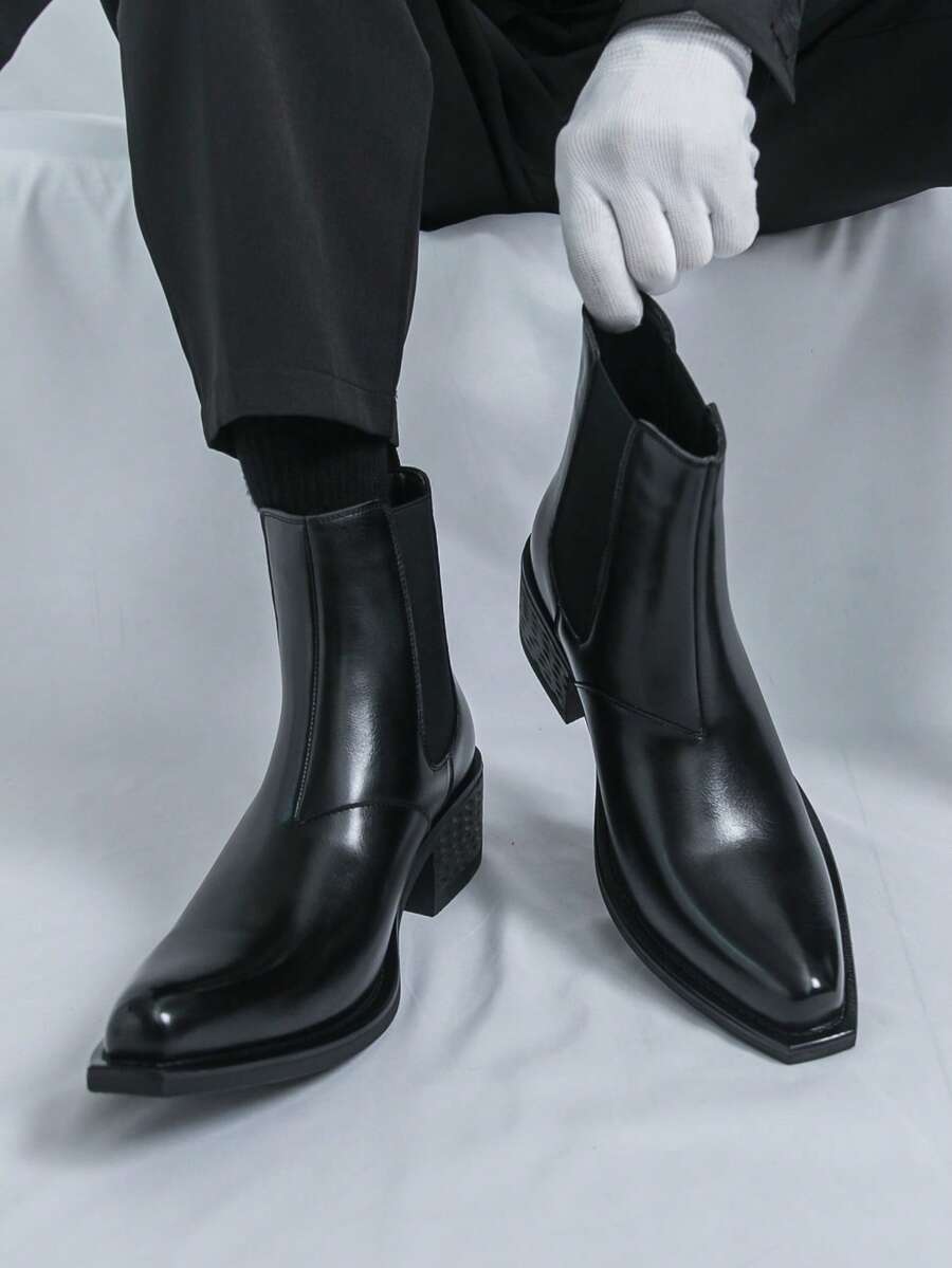 男士复古高跟切尔西踝靴，方头亮面皮革休闲商务正装增高鞋 - 黑色 - 查看 1