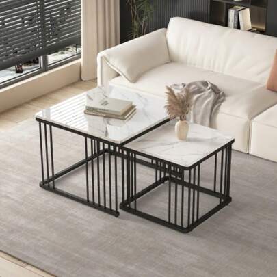 Elegant Set Of 2 Square Coffee Tables (60 X 60 X 45 Cm And 45 X 45 X 40 Cm), Glossy Marble Finish, Height Adjustable Legs, Maximum Load Of 30 Kg.