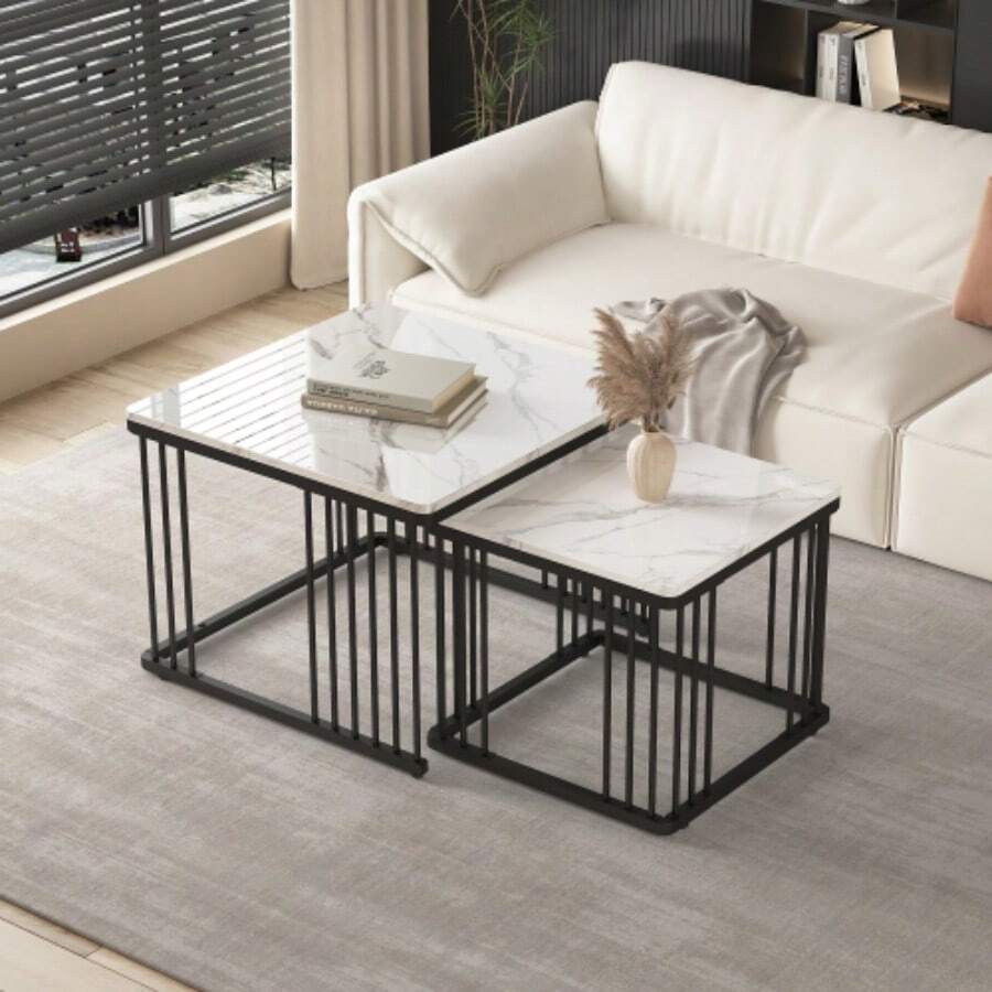 Elegant Set Of 2 Square Coffee Tables (60 X 60 X 45 Cm And 45 X 45 X 40 Cm), Glossy Marble Finish, Height Adjustable Legs, Maximum Load Of 30 Kg. - Black - View 1