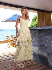 Long Guipure Lace Dress / With Built-In Bra / Back Zipper / 9612 - Apricot - View 5