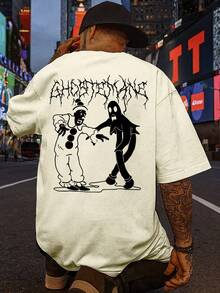 Oversized Printed T-Shirt, Casual Street Style, Crew Neck Shirt, Premium Cotton Knit, High Quality - 奶油色 - 查看 1