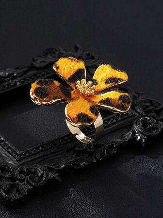 1 pieza Anillo de flor con estampado de leopardo de moda, diseño personalizado único, versátil para uso diario y discoteca, anillo abierto exagerado