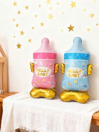 2pcs Baby Bottle Shaped Foil Balloons, Pink & Blue, Gender Reveal Party Decorations, Baby Shower Atmosphere Decor