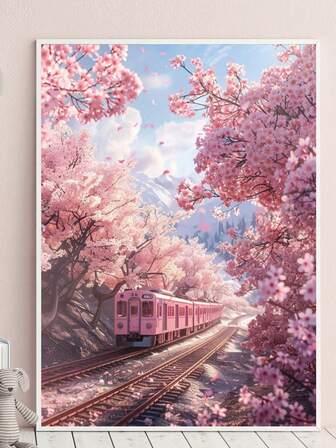 Kit de pintura de diamantes 5D, paisaje romántico de tren de sakura rosa, pintura de diamantes 5D redonda con mosaico de piedras preciosas artificiales, suministros de pintura para principiantes, arte de pintura de diamantes hecho a mano con gemas para decoración de pared del hogar y regalo
