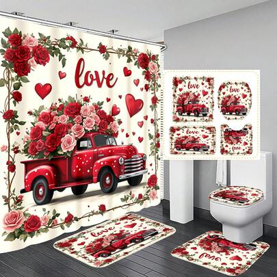 1件/3件/4件装情人节礼物卡车多功能浴室装饰浴帘套装，赠送12个挂钩，营造优雅节日氛围，包含浴室地垫、U型地垫和圆形马桶垫，适用于各种场景的浴室套装