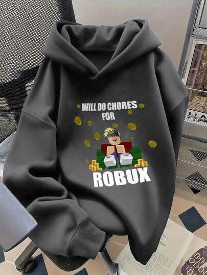 1件装男童休闲印花套头卫衣，保暖内衬，长袖，秋冬季