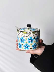1pc Floral Design Ceramic Spice Jar With Lid And Spoon, Creative Household Seasoning Container, Convenient Spice Dispenser