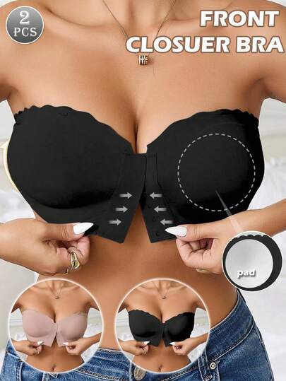 2 piezas Sujetadores con cierre delantero para mujeres, sujetadores sin tirantes, tops sin costuras, lencería sexy inalámbrica con almohadillas extraíbles, tops tubo con tirantes ajustables de espagueti, sujetadores de tela de silicona suave antideslizante con tirantes transparentes, camiseta interior acolchada cómoda, diseño con volantes en el bajo, perfectos para vestidos sin tirantes, sujetadores con cierre delantero