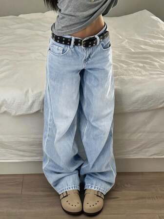 大码休闲时尚洗水宽松阔腿男友牛仔裤