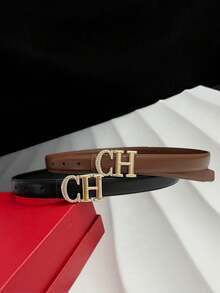 Minimalist Fashion Women's Belt, Metal Buckle With Rhinestone Design, Made Of Artificial PU Leather, Smooth Texture, Durable Material, Suitable For Pants And Dresses, Daily And Formal Occasions