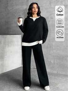 Women's Casual Black Ribbed Knit Set, Contrast Trim Long Sleeve Drop Shoulder Top And Pants - Black - View 1