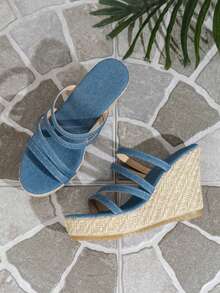 【牛仔风坡跟凉鞋】夏季新款交叉绑带穆勒鞋，草编厚底松饼鞋，露趾增高拖鞋，休闲度假百搭鞋 - 藍色 - 查看 5