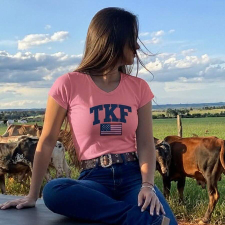Women's Country T-Shirt TKF - American Flag & Stars Print - Slim Ribbed Knit - Cowgirl Fashion Style - Rosa - View 1