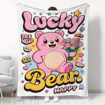 1pc Soft & Cozy Cartoon Bear Pattern Flannel Blanket, With Printed Patchwork Design, Warm & Versatile Throw Blanket For Sofa, Bed, Travel & Camping, All Seasons