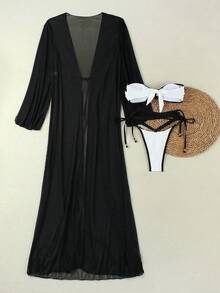 Conjunto de bikini de dos piezas de contraste negro y blanco con protección solar larga, sexy para vacaciones en la playa, verano y primavera 2026 - Blanco y Negro - Ver 4