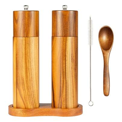 Wooden Salt Pepper Grinder Set With Base Spoon Cleaning Brush Adjustable Coarseness  Refillable Manual Mills For Home Kitchen