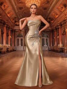 VIPGIRL Váy dạ hội xẻ tà cao hai mảnh thủ công bằng vải kaki mới nhất, sang trọng, mềm mại, thanh lịch - Màu Khaki - Xem 3