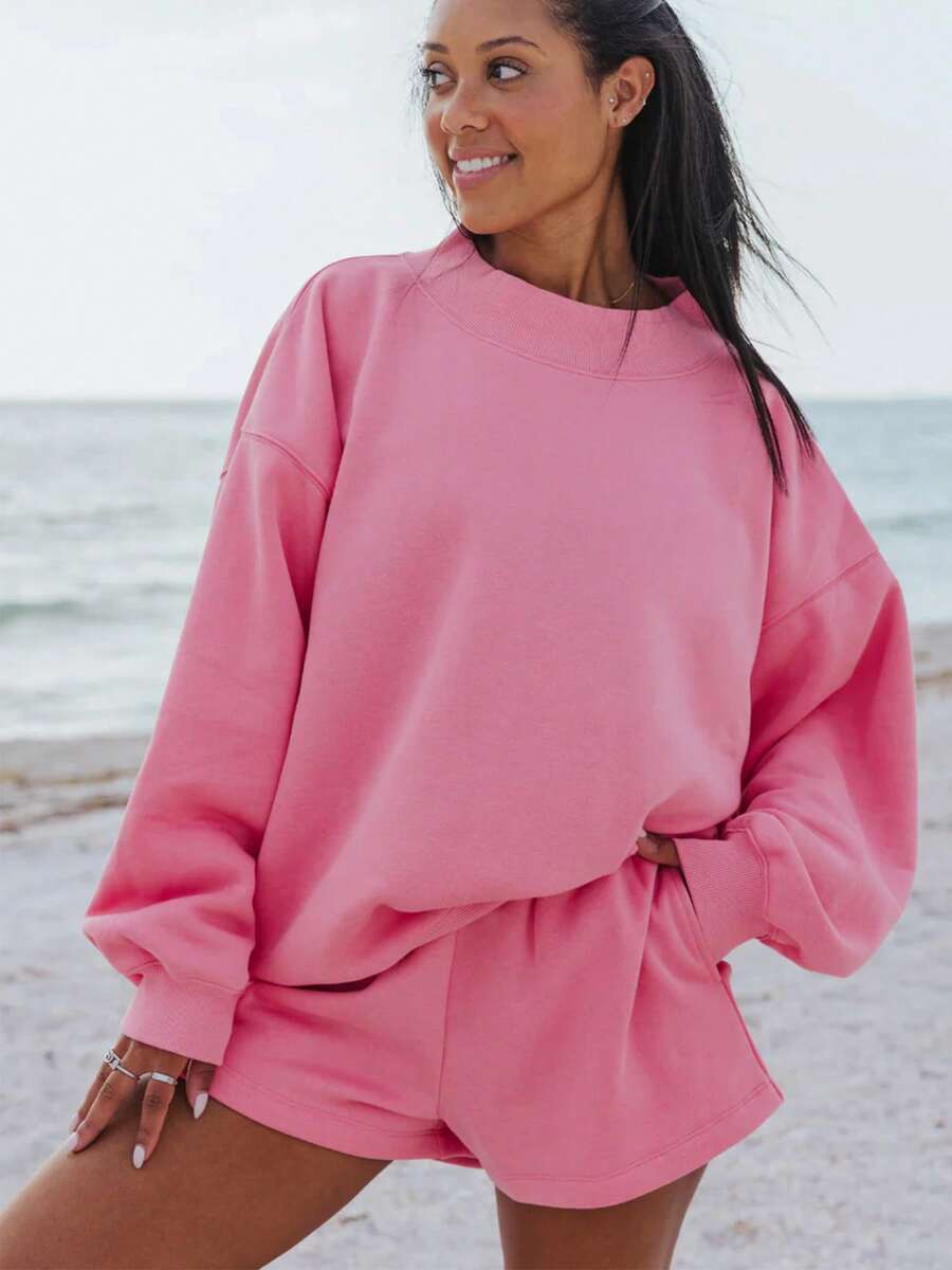 Women's Lazy Style Sweatshirt Shorts Set Oversize Design Sweet Style Versatile For Daily Casual Looks - 玫紅色 - 查看 1