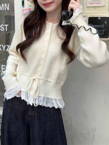 复古甜美温柔圣诞抽绳圆领针织开衫 - 米色 - 查看 8