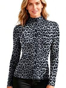 Blusa de cuello alto de manga larga con estampado de leopardo para mujer, suéter ajustado, capa base de alta elasticidad, camiseta regular - Multicolor - Ver 3