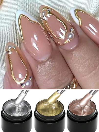 Mtssii 3支装 8ml 超亮金属美甲凝胶 金色 银色 玫瑰金 镜面美甲效果 适合绘制线条 花卉 法式美甲 DIY美甲装饰 美甲沙龙彩绘凝胶