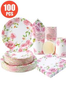 25 chiếc đĩa, khăn ăn và cốc dùng một lần theo chủ đề hoa hồng, nền trắng với hoa hồng màu hồng, phù hợp cho 25 khách, đĩa giấy dùng một lần, đồ dùng tiệc tùng cho sinh nhật, đám cưới, tiệc tùng, dã ngoại gia đình - Nhiều màu - Xem 1