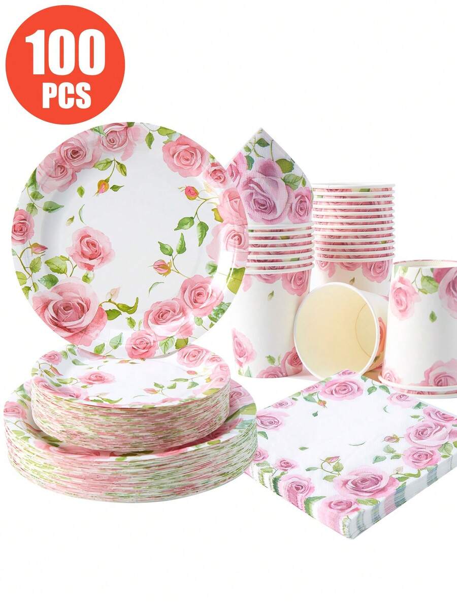 25 chiếc đĩa, khăn ăn và cốc dùng một lần theo chủ đề hoa hồng, nền trắng với hoa hồng màu hồng, phù hợp cho 25 khách, đĩa giấy dùng một lần, đồ dùng tiệc tùng cho sinh nhật, đám cưới, tiệc tùng, dã ngoại gia đình - Nhiều màu - Xem 1