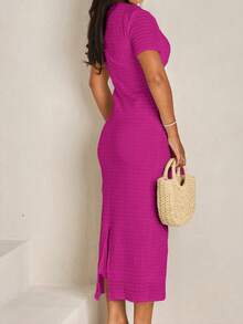 Vestido de unicolor de manga corta para damas, con diseño elegante, con cremallera, hebilla falsa, abertura para citas al aire libre, ir al trabajo, festivales de música, Navidad, Día de la Madre - Rosa Fucsia - Ver 7