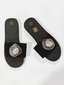 1 Pair Striped Floral (Combination) Plant Print Fashion Forward Slip-On Sandals With Elastic Band, Suitable For Beach, Outdoor, Vacation, All Seasons - Black - View 4